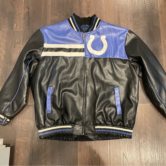 Indianapolis Colts NFL Faux Leather Black Bomber Jacket. Lined XXL Vintage Mens - Picture 1 of 15